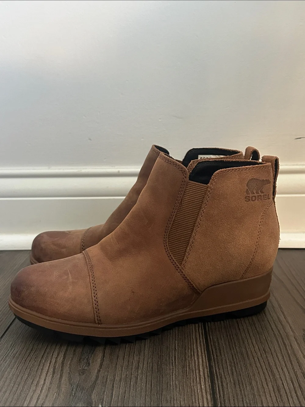 Sorel Womens Evie Boots‎ 7.5 Brown Leather Suede Chelsea Bootie Mid Wedge Heel